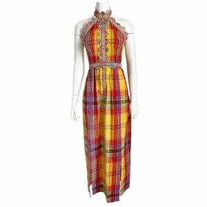 70s Donald Brooks Boutique Dress Halter Textured Plaid Embroidered Floral Trim 8